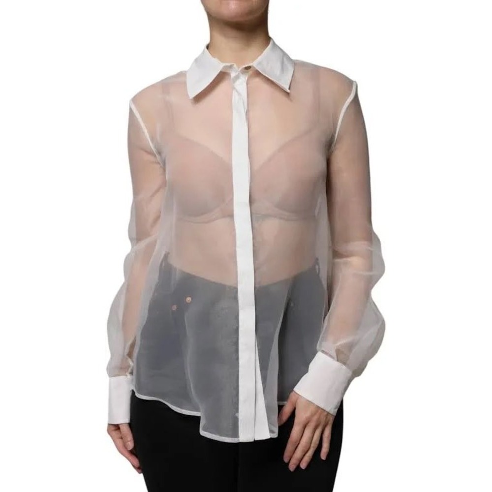 Elisabetta Franchi Mesh Button Up White Pearl Cuff Sheer Romantic 42/8 ($599)